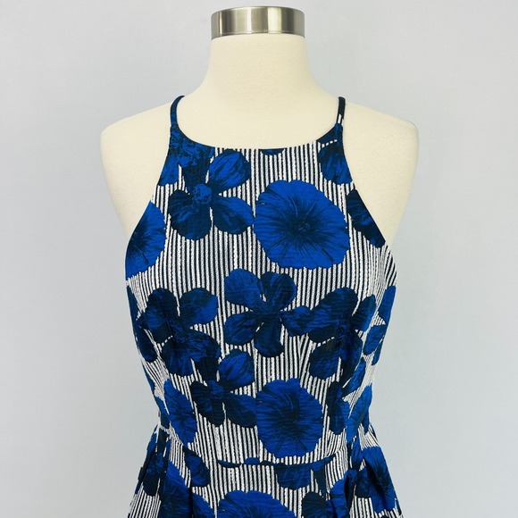 Belle Badgley Mischka Striped Floral Blue Dress Strapless Cocktail Party Size 8 - Picture 2 of 16